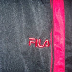 MENS NEW FILA TRACK PANTS--BLACK/RED STRIPE